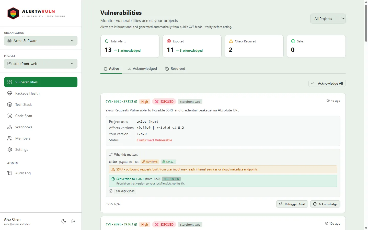 The AlertaVuln vulnerabilities dashboard showing RED/YELLOW alert tiles, per-alert reasoning and remediation guidance