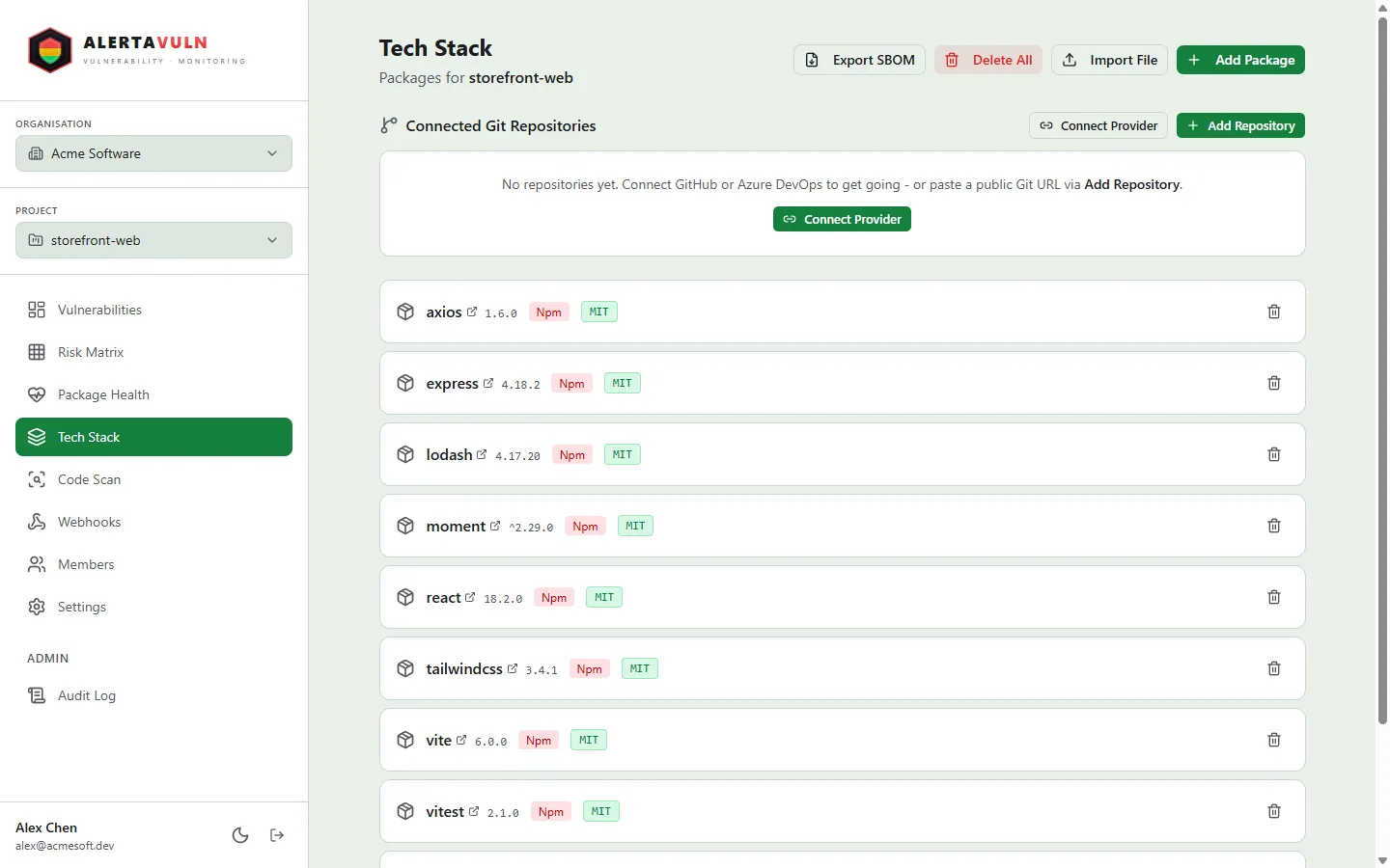 The tech stack page listing synced packages, each with its ecosystem, resolved version and licence